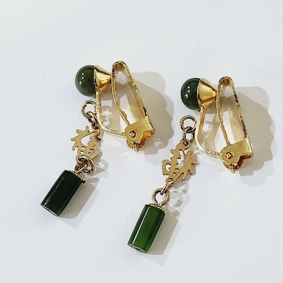 Vintage Genuine Nephrite Jade Drop Earrings - Picture 2 of 5